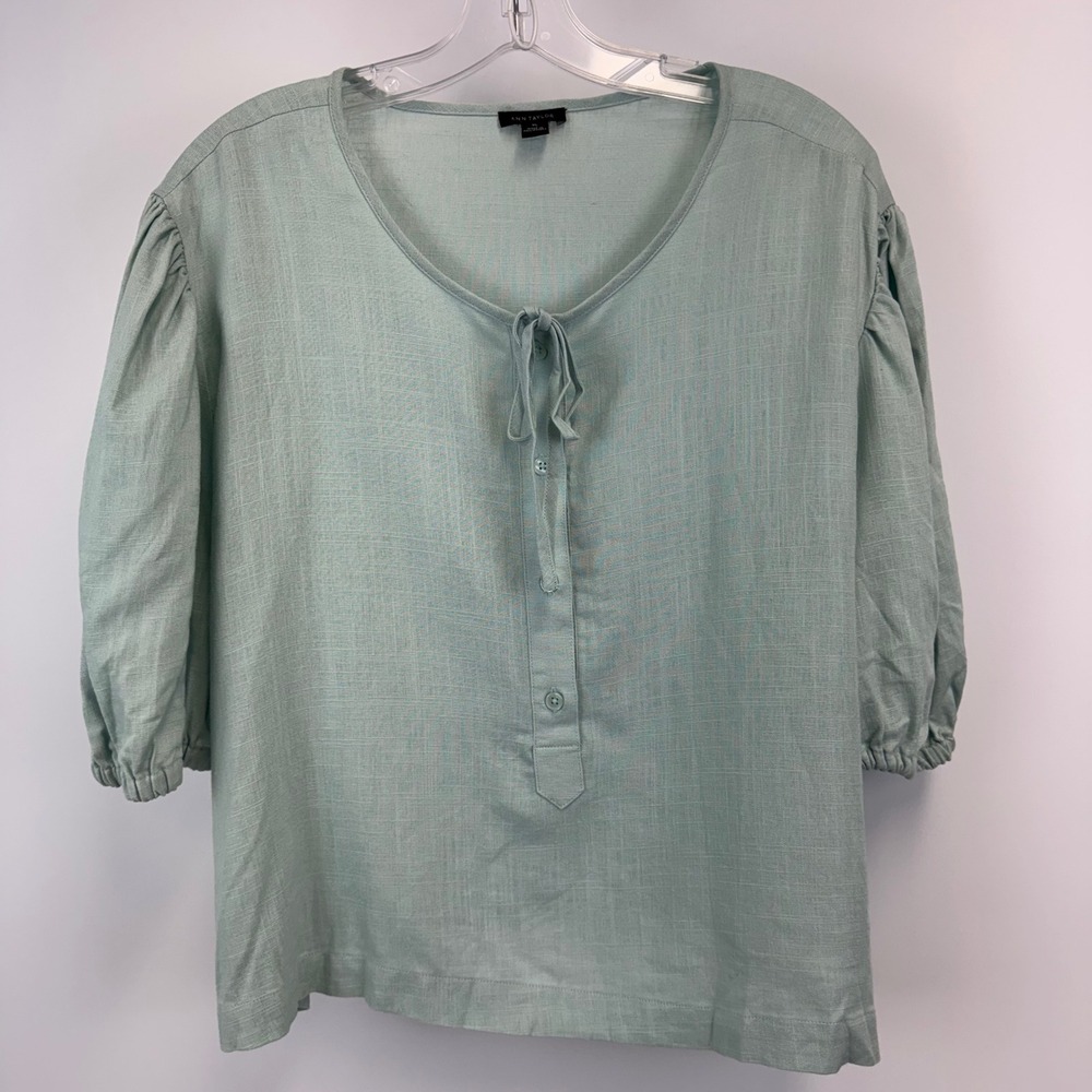 Ann Taylor Sage Green Linen‎ Blend Puff Sleeve Tie Neck Blouse XL